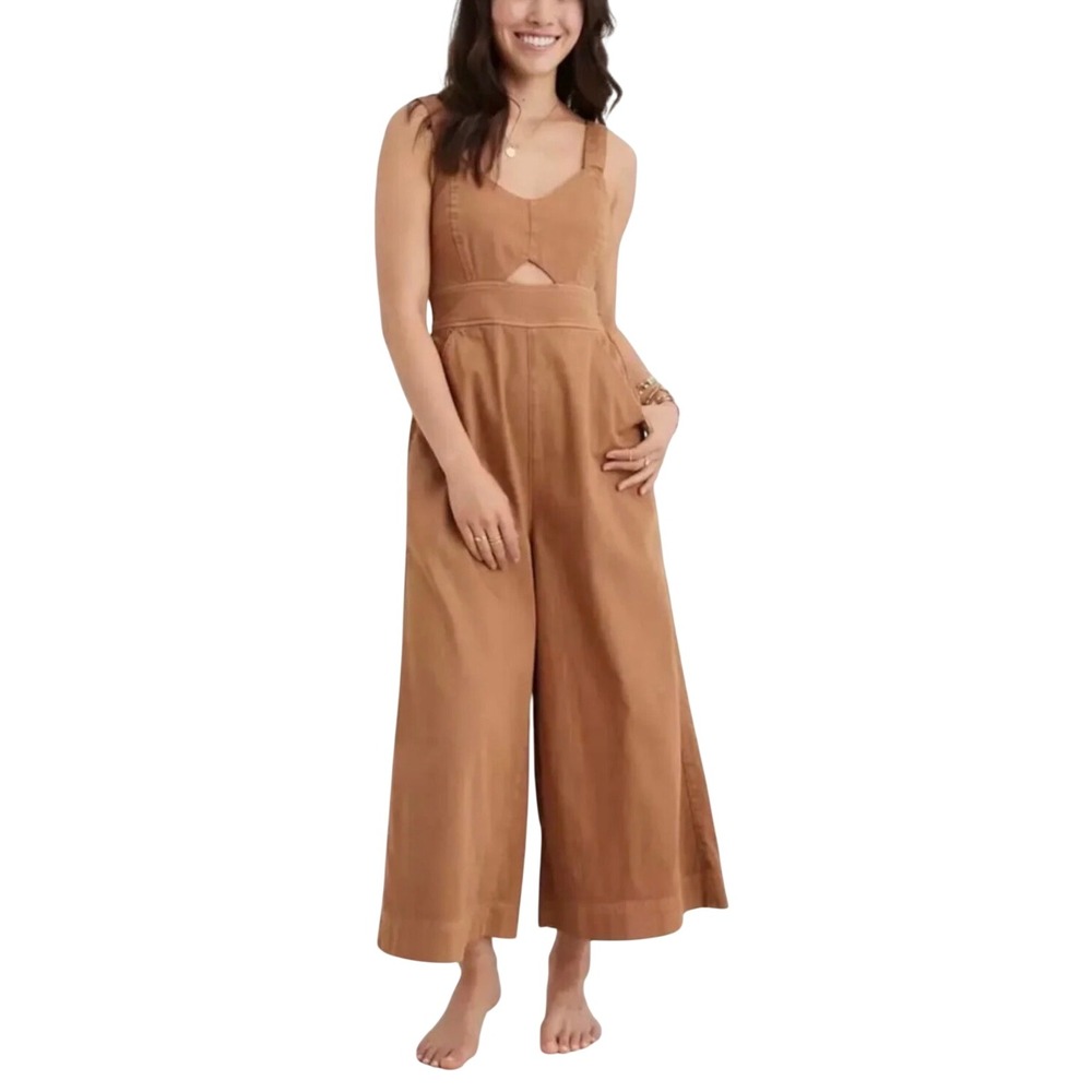 Aerie AE Cotton Twill Cutout Wide Leg Jumpsuit SZ M Mocha Brown Crop Boho Casual
